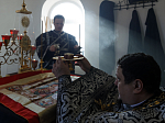 Архипастырь совершил Литургию Преждеосвященных Даров в храме святых мучениц Веры, Надежды, Любови и матери их Софии села Красноселовка Петропавловского района